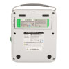 The back of a white defibrillator with a green label and its serial numbers