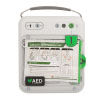 A white defibrillator with green markings and a black "AED" sticker