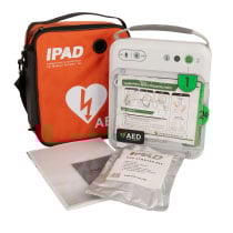Ipad Nfk200 Semi Auto Defib Full Kit A white defibrillator next to a bright orange carry case