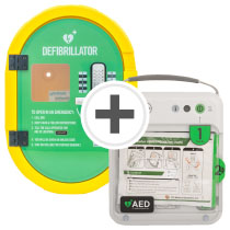 Ipad Nfk200 Semi Auto Defib With Cabinet A green and yellow cabinet with a white defibrillator