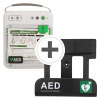 White defibrillator with a black wall bracket