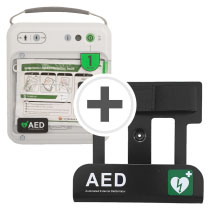 White defibrillator with a black wall bracket