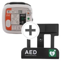 Ipad Sp1 Fully Automatic Defib With Wall Bracket A white defibrillator with a black wall bracket
