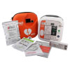 A white defibrillator next to a bright orange carry case
