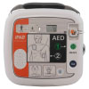 A white defibrillator with orange markings and a black "AED" label