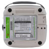 The back of a white defibrillator with a green label and its serial numbers