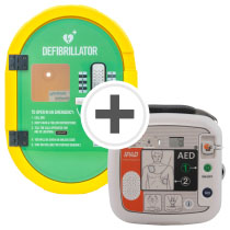 Ipad Sp1 Fully Automatic Defibrillator With Cabinet A green and yellow defibrillator cabinet with a white and orange defibrillator
