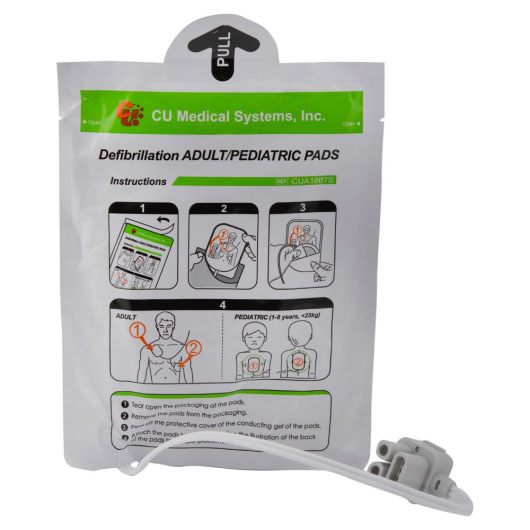 A front shot of the IPAD SP1 electrode pads with pictorial instructions and how to use them in an emergency