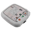 An artistic image of a white defibrillator with green markings