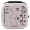 A white defibrillator with orange markings