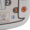A close-up of the blue "automatic shock" button