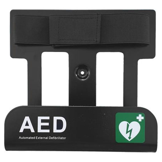 A black AED wall bracket with white text and a green logo