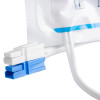 Close‑up of a sealed defibrillator pads with white and blue plastic connectors attached to flexible tubing.