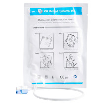 White pack of adult multifunction defibrillation pads with step‑by‑step diagrams and an attached cable emerging from the bottom.