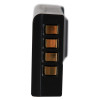 Close‑up of a battery pack’s four gold‑coloured contact plates arranged vertically on a black casing