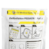 Close up of a sealed pack of paediatric defibrillation pads with cautions, warnings, and usage guidance for children up to 25 kg.