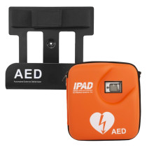 An orange iPAD automated external defibrillator with a heart‑and‑lightning symbol, positioned next to a black wall‑mount bracket labelled AED – Automated External Defibrillator.