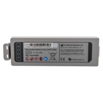 semi automatic defibrillator showing front side of a detachable disposable battery pack with labels and symbols