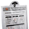 Closeup of adult and paediatric pads packaging for semi automatic defibrillator showing usage instructions