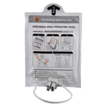 Semi automatic defibrillator adult and paediatric pads in packaging showing front instructions and connectors
