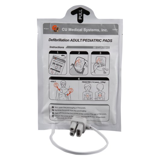Semi automatic defibrillator adult and paediatric pads in packaging showing front instructions and connectors