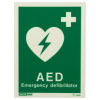 a front shot of the aed location sign with text stating AED Emergency Defibrillator and a green heart with a lightening bolt through it with a first aid cross in the top right corner