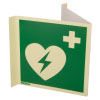 a top down view of the panoramic aed wall sign showing one side with a green background, heart with lightening bolt through it and first aid cross