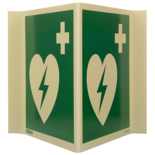 Front view of panoramic aed wall sign showing green panels with white heart and lightning bolt symbols and plus signs