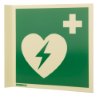 Side view of panoramic aed wall sign showing a heart with a lightning bolt and a cross symbol on a green background