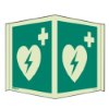 Front view of panoramic safety sign AED defibrillator showing heart with lightning bolt and cross symbols on green background