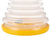 A clear plastic pump with a bright yellow rim
