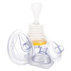 A clear plastic pump with a handle at the top and a bright yellow rim at the bottom surrounded by different sized resuscitation style masks 