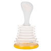 A clear plastic pump with a handle at the top and a bright yellow rim at the bottom
