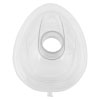 A clear plastic resuscitation style mask with a hole in the centre that attaches to the anti choking device the word ADULT S is on the front