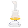 A side view of a clear plastic pump with a handle at the top and a bright yellow rim at the bottom, there is a resuscitation style mask attached underneath