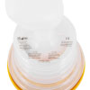 A close up of a clear plastic pump with a bright yellow rim with black writing showing it is UKCA and CE certified