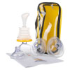 A clear plastic pump with a handle at the top and a bright yellow rim at the bottom surrounded by different sized resuscitation style masks with a yellow plastic case to put all the parts in