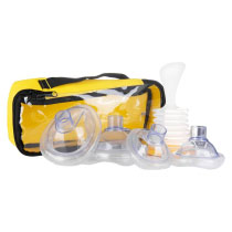 Lifevac Anti Choking Device Travel Kit Front A clear plastic pump with a handle at the top and a bright yellow rim at the bottom surrounded by different sized resuscitation style masks with a yellow plastic case to keep all the parts in