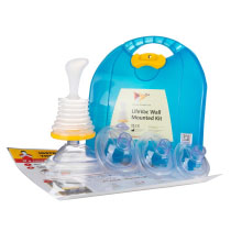 Lifevac Anti Choking Device Wall Mounted Kit Contents A blue plastic case with a carry handle at the top with a label on the front with black writing stating LifeVac Wall Mounted Kit with the anti choking device and different sized masks in front