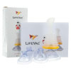A clear plastic pump with a bright yellow rim with 3 resuscitation style masks and the retail packaging with black letters stating lifevac