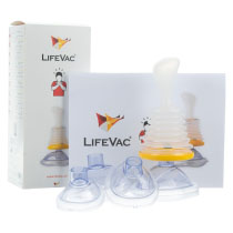 Lifevacsk Lifevac Home Kit A clear plastic pump with a bright yellow rim with 3 resuscitation style masks and the retail packaging with black letters stating lifevac