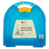 Blue plastic case for the lifevac anti choking device wall mounted kit with handle and label on front