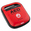 A red defibrillator with the letters "AED" written in big black text