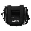 A black carry bag with the letters "AED" written in big white text