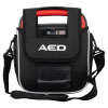 A black carrying bag with the defibrillator unit inside it