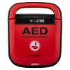 A red defibrillator with the letters "AED" written in big black text