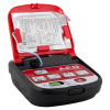 A red and black defibrillator with the lid open