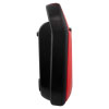 The side of a black and red defibrillator