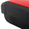 A close-up of the speaker on a black and red defibrillator