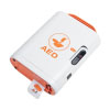 A white defibrillator with the letters "AED" written on large orange text